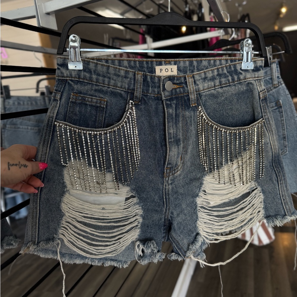 Denim Shorts with Rhinestone Fringe